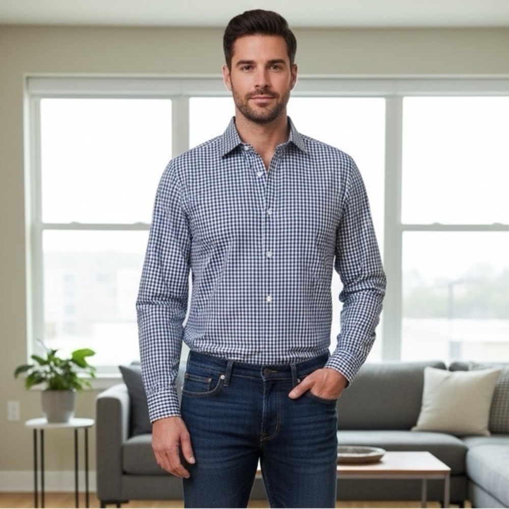 MICHAEL KORS Men's Large Slim Fit Blue Gingham 100% Cotton Dress Shirt -Like New